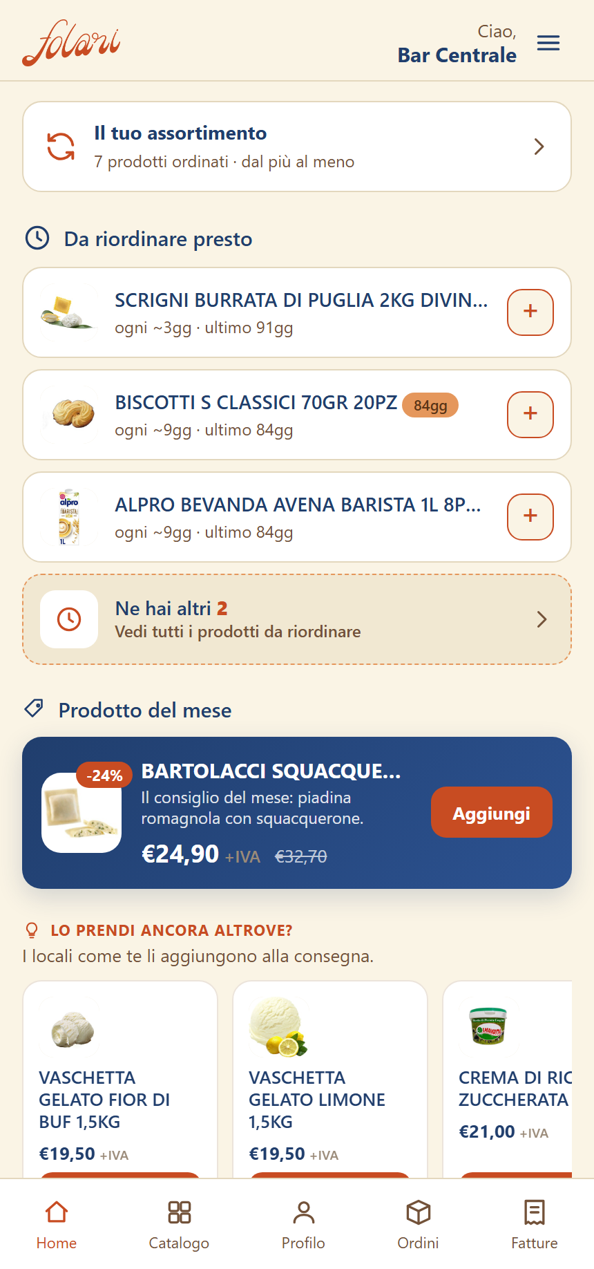 App folari: la home con i prodotti da riordinare e il prodotto del mese